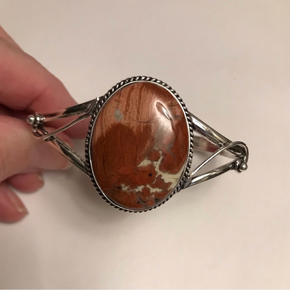Red Jasper Stamped 925 Sterling Silver Cuff Bracelet